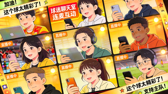 球迷聊天室多人连麦互动的直播现场画面