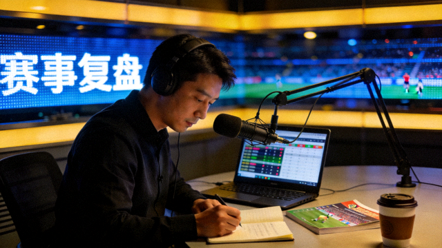 体育解说电台主播在深夜演播室进行赛事复盘的直播画面