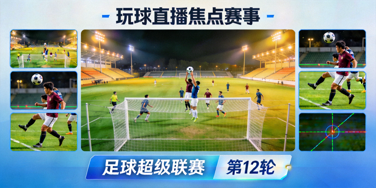 玩球直播焦点赛事直播间画面：足球超级联赛夜间球场全景与高清多视角转播