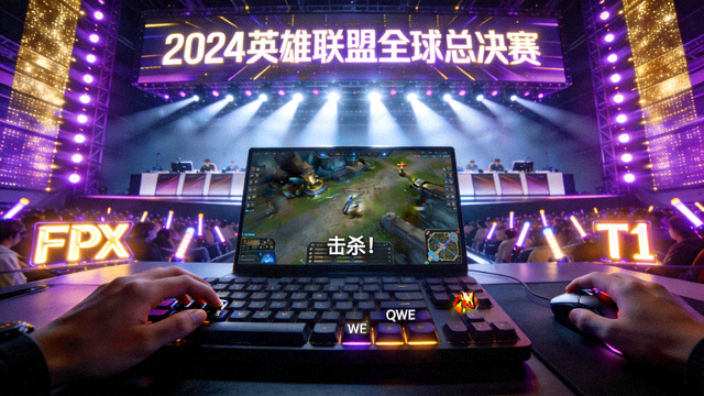 英雄联盟全球总决赛舞台灯光与选手操作特写直播画面