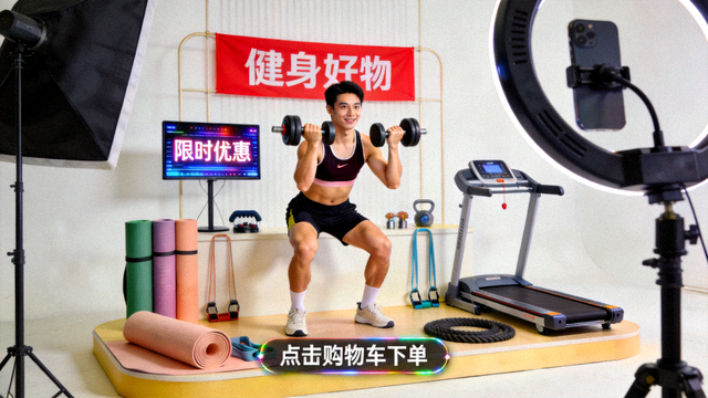 运动健身装备带货直播间的商品展示与主播演示画面