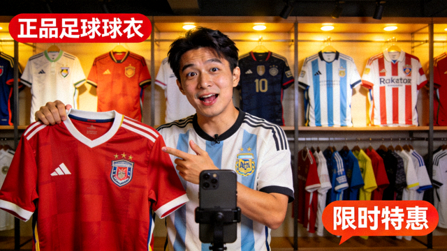 正品足球球衣带货直播间的商品陈列与主播讲解画面