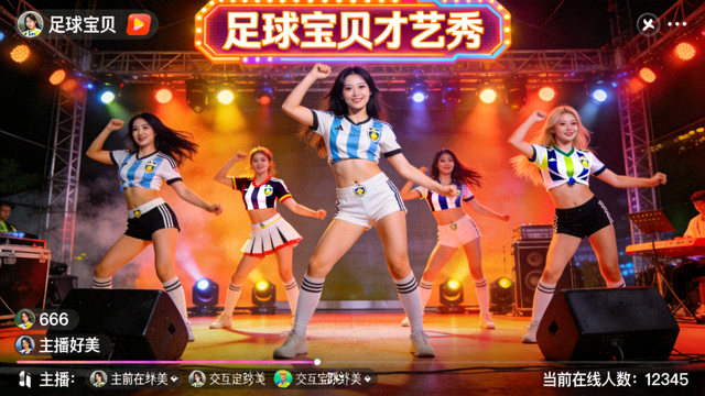 足球宝贝才艺秀舞台唱跳表演的直播间画面